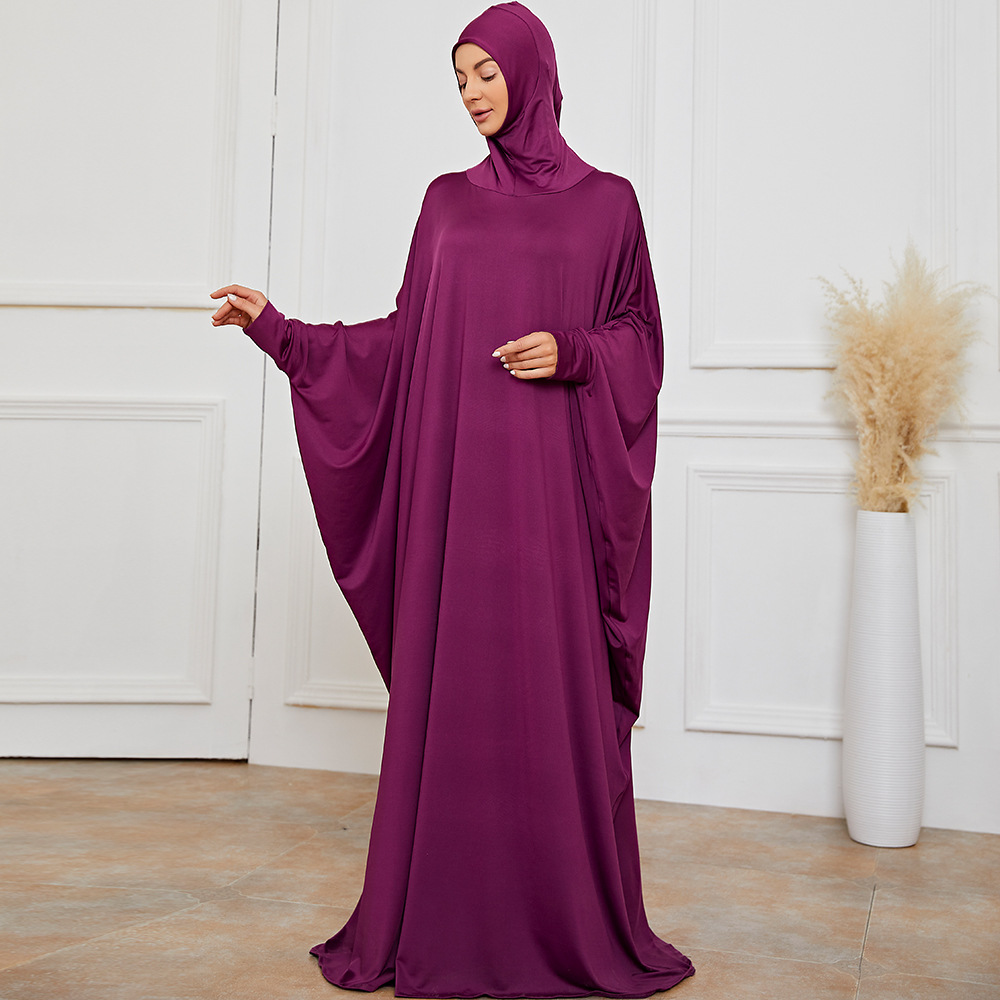 Eid Mubarak 겸손한 이슬람교 2 조각 복장 여자를위한 hijab기도 옷 Fuchsia Satin Abaya Jilbab 2 조각 세트